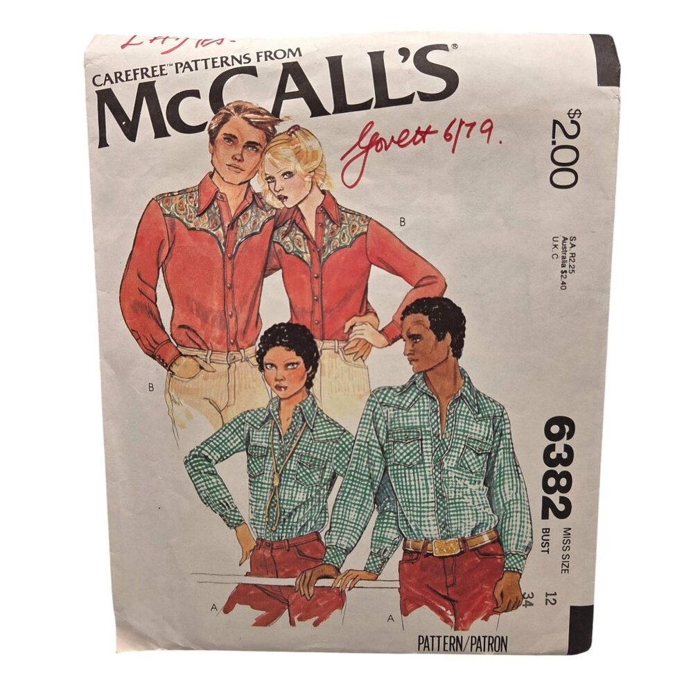 McCalls 6382 Misses Western Shirt Sewing Pattern Size 12 Bust 34 1978 Cut